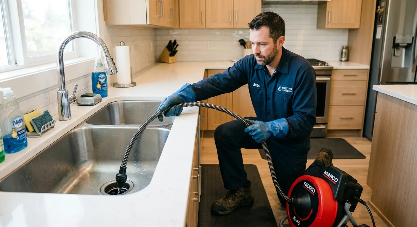 Drain cleaning technician using a motorized snake on a kitchen sink in Bedminster