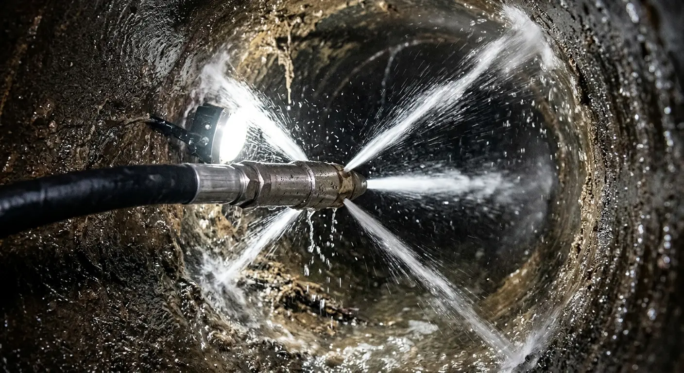 High-pressure hydro jetting nozzle cleaning sewer pipe for Trenchless Sewer Repair in Bedminster