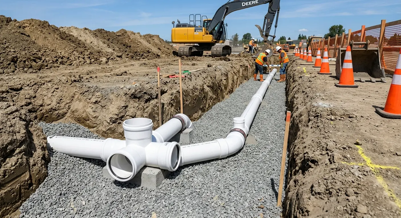 New PVC sewer pipe installation in open trench for Sewer Backup in Bedminster